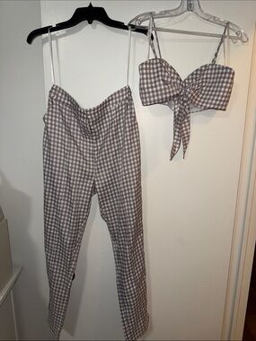 Superdown Gingham Two-Piece Tie Front Crop Top & High-Waist Pants